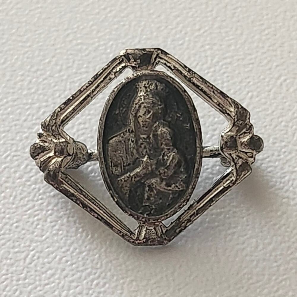 Vintage Madonna Child Catholic Brooch Silver Tone Openwork C Clasp Religious Pin